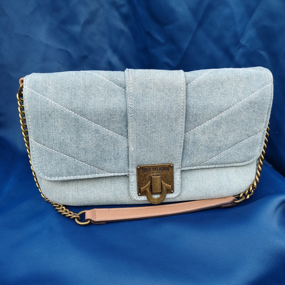 True Religion Light Blue Denim Quilted Clutch with Gold Hardware